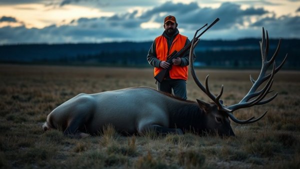 Hunter in orange vest with elk in Pennsylvania hunting field.