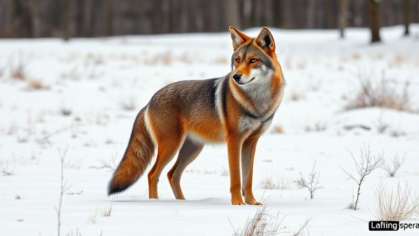 Coyote standing alert in snowy Michigan landscape.