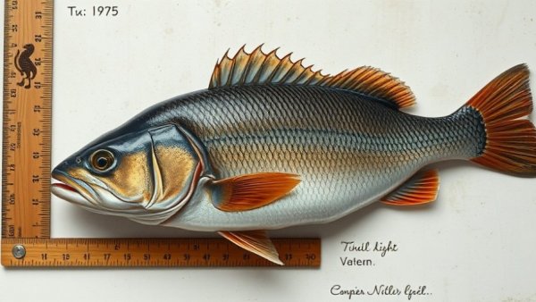 Large fish on measuring board for Fishing News.