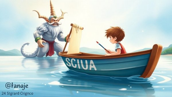 Whimsical illustration of a boy naming a boat watched by a sea god.