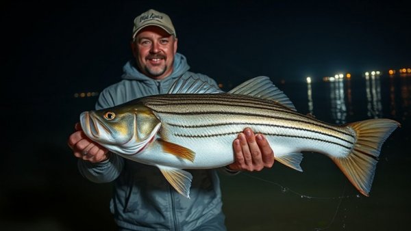 Surfcaster with striped bass caught at night - gifts for surfcasters.
