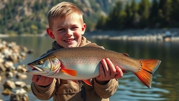 Young boy fishing at Marsh Island, holding fish in boat, smiling.