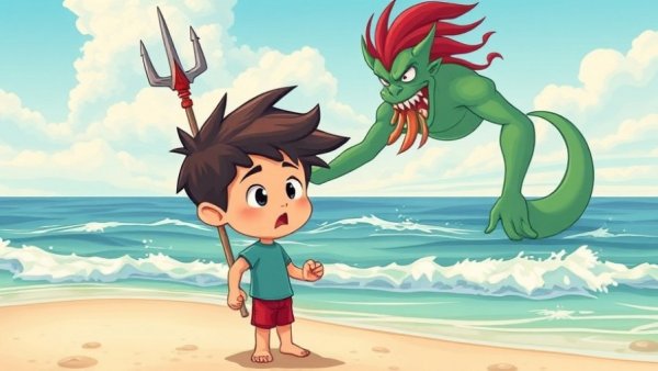Whimsical cartoon of a boy encountering sea deity, creative illustration.