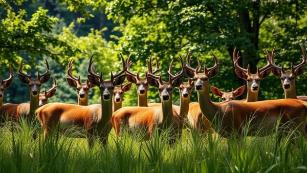 Deer herd in Minnesota forest clearing under dappled sunlight, highlighting the Minnesota deer harvest increase 2025.