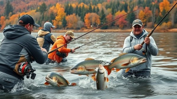 Energetic fishing competitors in action during a fishing tournament.