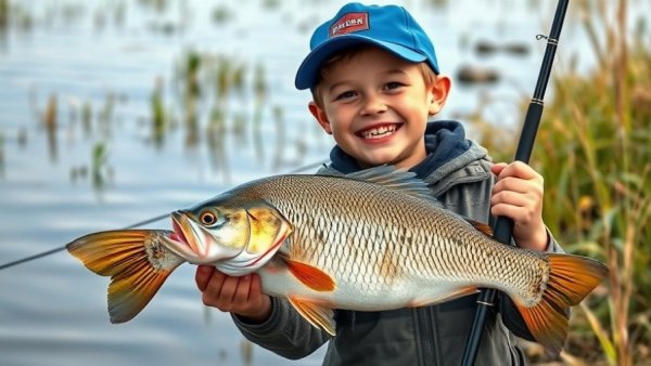 Cheerful young boy with fish at Louisiana fishing spot.