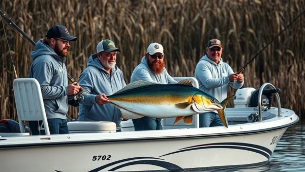 Fishermen in a lively fishing tournament capturing a catch on camera.