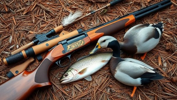 Duck hunting and fishing setup on forest ground.