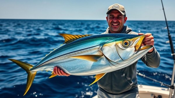 Offshore fisherman with a large yellowfin tuna showcasing vibrant sea catch.