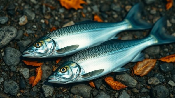 Two silver fish on rocky surface with leaves, detailed texture, bright light.