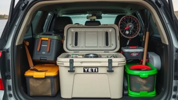 Fishing gear with Yeti cooler in car, gift ideas for traveling anglers.