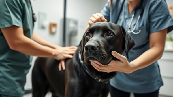 Professionals caring for a hunting dog at a veterinary clinic.