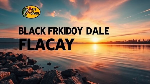 Beautiful lake sunrise promoting Bass Pro Shops Black Friday Deals.