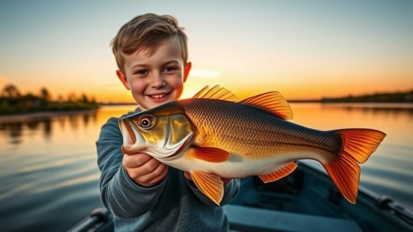 Boy fishing in Louisiana, holding fish with a sunset lake view.