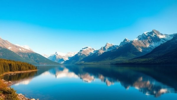 Mountain lake in national park with forest and glacier under blue sky.