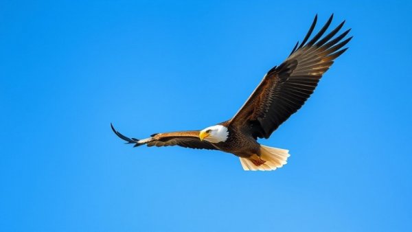 Bald eagle soaring in a clear blue sky during Eagle Awareness Weekends.