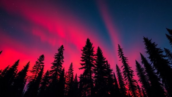 Vibrant Northern Lights over evergreen trees, showcasing visibility.