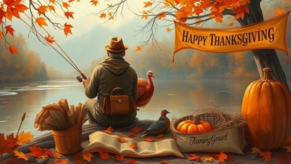 Thankful for Every Cast: Fisherman with a turkey by a river on Thanksgiving.