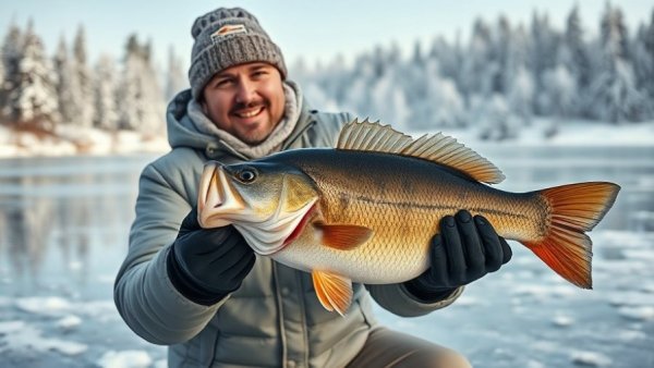 Angler catching bass through the ice on a frozen lake.