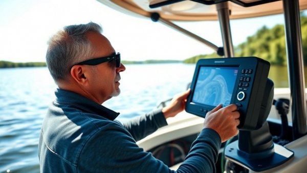 Fisherman using forward facing sonar on a lake.