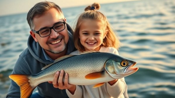 Girl proudly holding a fish with dad at the seaside - fishing gifts for kids.