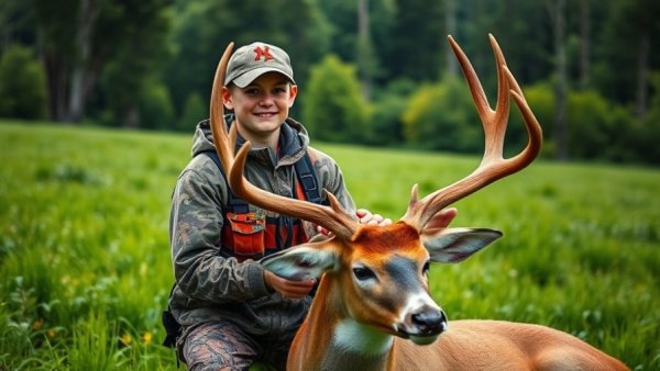 Young hunter in Louisiana with a deer, showcasing the vibrant hunting experience.