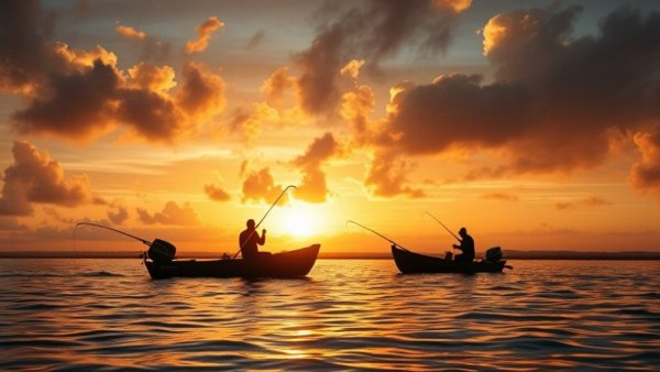 Silhouetted fishermen in boats at sunrise on a tranquil lake for Fishing News.