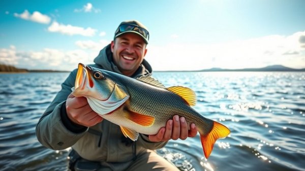 Smiling angler demonstrating winter bass fishing techniques on a boat.
