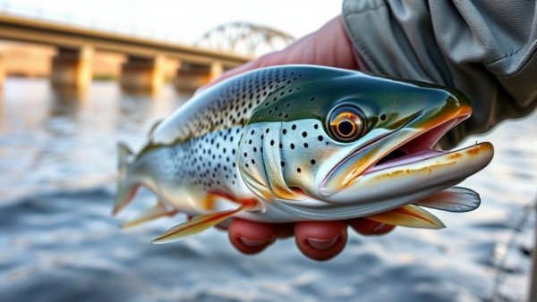 Speckled trout held near Louisiana bridge during fishing.
