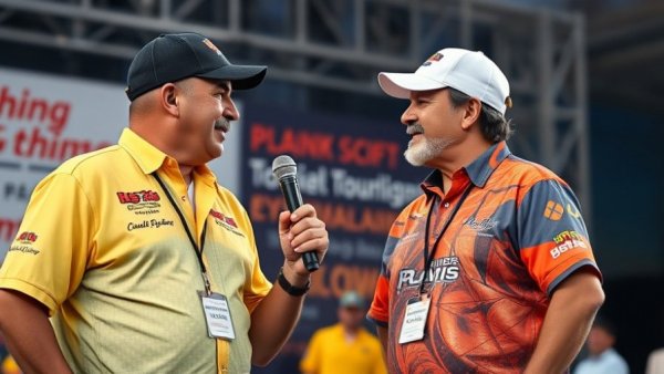 Hosts engaging audience at fishing tournament event.