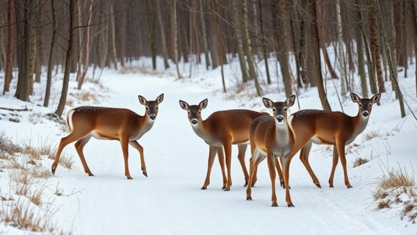 Illinois late-winter deer hunt in a snowy forest, calm deer group.