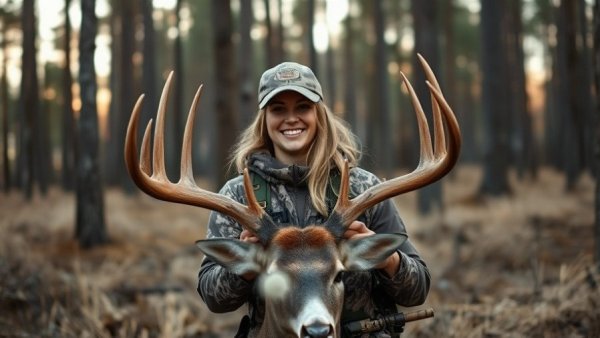 Smiling hunter with 11-point buck in Beauregard Parish at dusk.