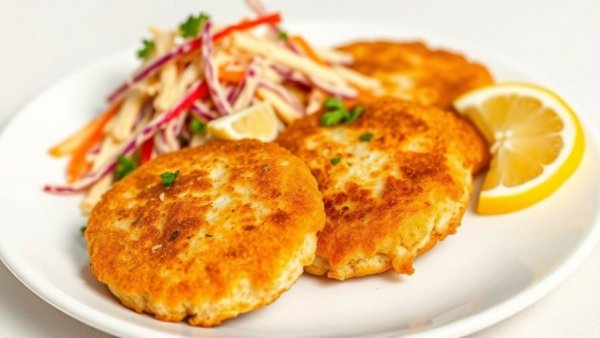 Crispy fish cakes with coleslaw and lemon wedge, frozen fish recipes.