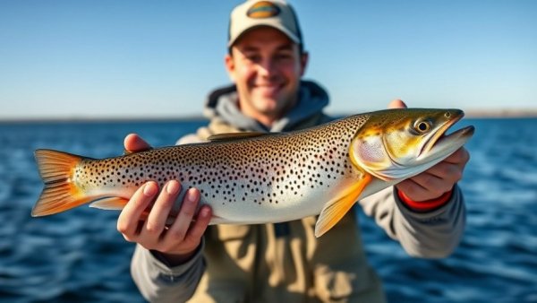 Louisiana Fishing: Man holding a speckled trout by a lake.