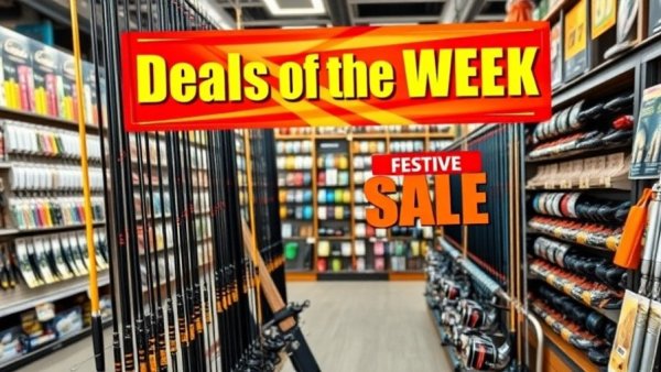 Fishing Deals Holiday Season sale at a fishing store with rods and reels.