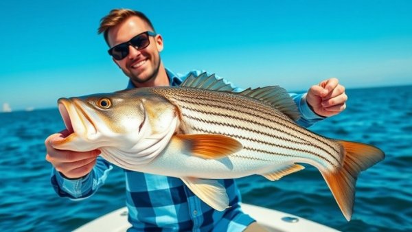 Smiling man on a boat holding a large fish for fishing news.