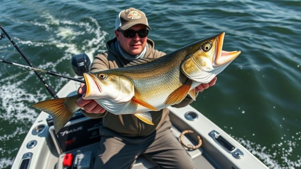 Angler in a fishing tournament catching a large fish on a professional boat.