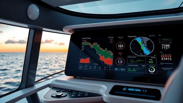Digital marine electronics dashboard with navigation charts.