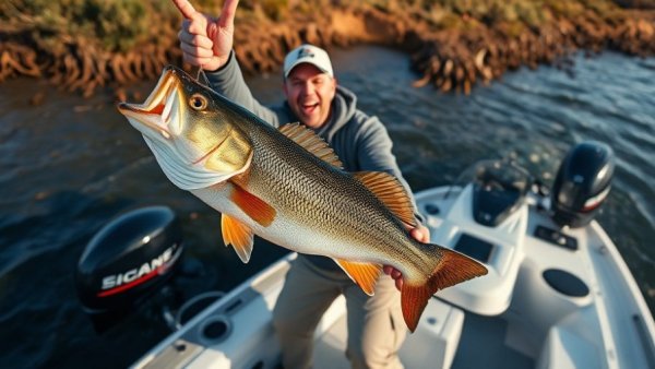 Angler proudly holds catch at fishing tournament with cameraman nearby.