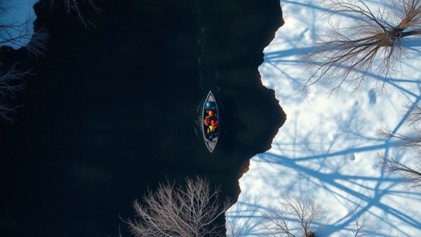Aerial view of winter steelhead fishing on a snow-framed river.