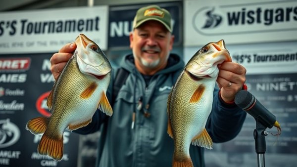 Fishing tournaments: Fisherman holding two bass with microphone backdrop.