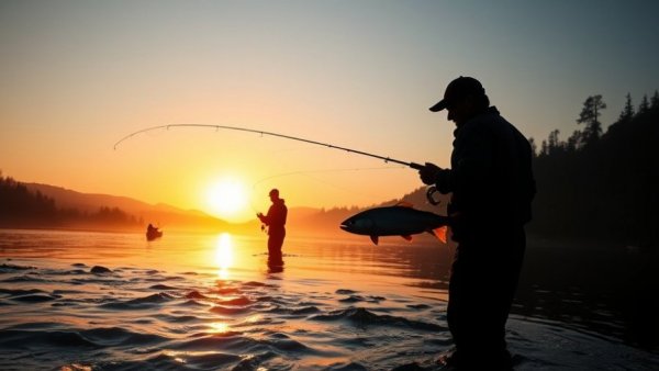 Anglers fishing at sunrise in a serene river setting.