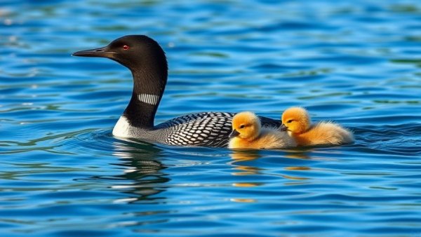 Maine loon population with adult loon and chicks on lake