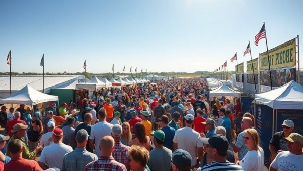 Lively crowd at outdoor fishing tournament setup.
