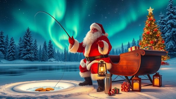 Santa fishing with a sleigh of gifts under Northern Lights, perfect last-minute fishing gifts idea.