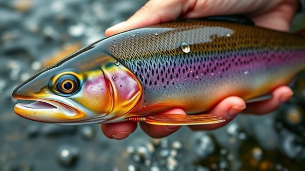 Glistening trout caught with a fishing spoon in a river.