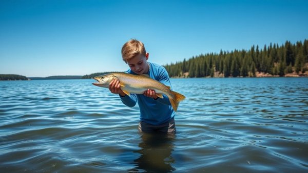 Fishing news scene of angler with large catch in serene lake.