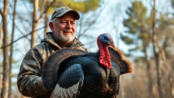 Outdoorsman with wild turkey, nature backdrop