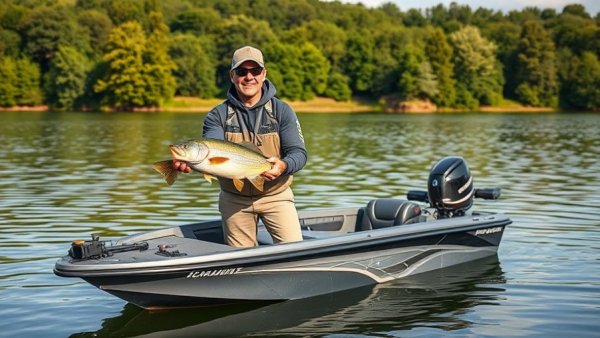 Angler at a fishing tournament holding a fish on a boat.