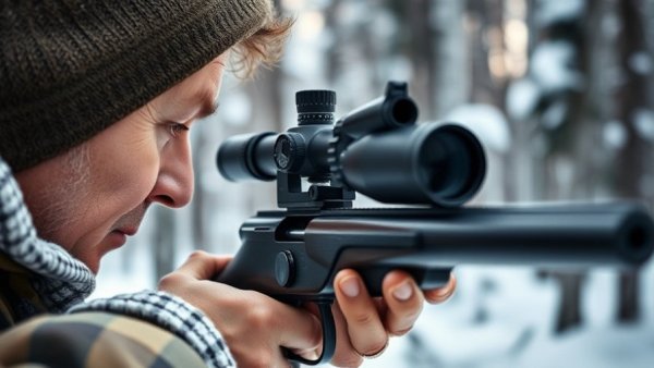 Close-up of rifle aiming in winter forest reflecting long-range hunting ethics.